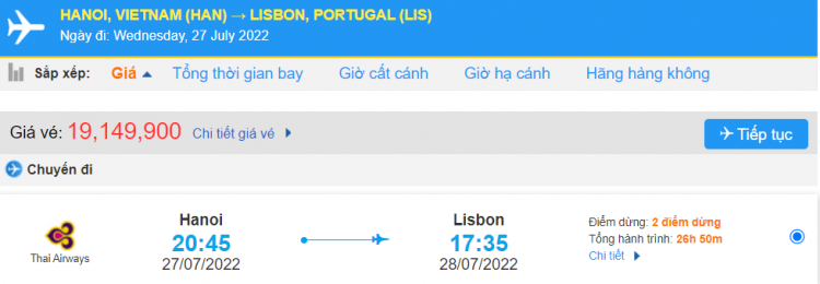 bảng giá tham khảo đi Lisbon Bồ Đào Nha